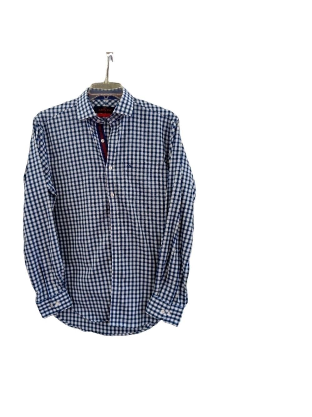 Cats Eye Blue & White Woven Checked button up shirt Size 16 neck EUC